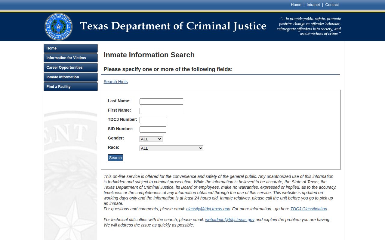 Cherokee County state-custody reference through the Texas Department of Criminal Justice offender search